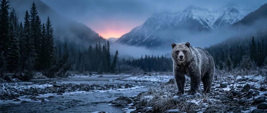 Silvertip grizzly standing by a misty mountain river at dusk